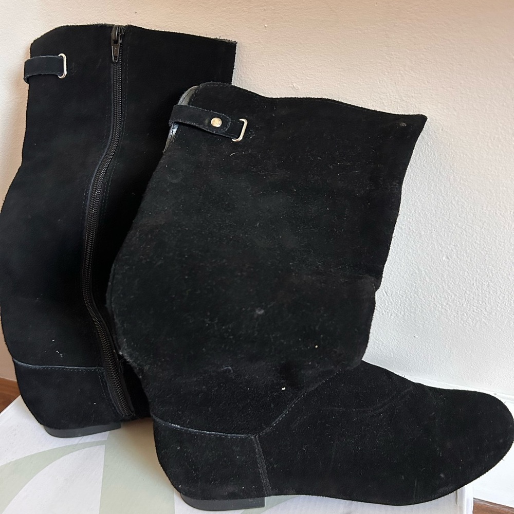 Matte Black Suede Heeled Ankle Boots with Buckle